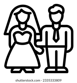 Icono de línea de novia y novio, concepto de día de San Valentín, signo de pareja de bodas en fondo blanco, los amantes se casan con ícono de esquema para concepto móvil y diseño web. Gráficos vectoriales