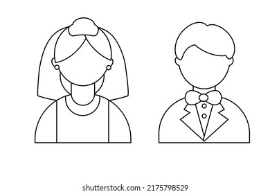 Bride and groom in line style. Vector illustration on white background.