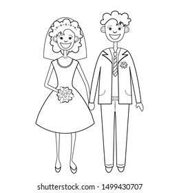 Bride and groom linear black and white drawing, silhouette, coloring, outline cartoon character, vector illustration. Newlyweds, woman in wedding dress and man in suit isolated on white background