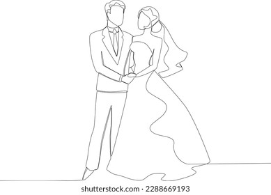 A bride and groom look at each other romantically. Wedding one-line drawing
