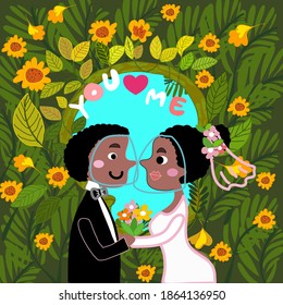 bride and groom love in covid-19 hand drawn cartoon vector ,wearing face shield holding each other hands and flower bouquet in their wedding in botanic jungle  background to prevent coronavirus.	