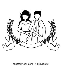 bride and groom love hearts doves ribbon wedding vector illustration
