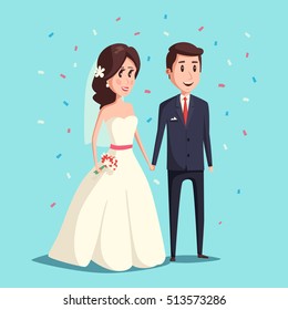 Bride and groom as love wedding couple illustration. Cartoon husband and romantic wife ceremony, female with flowers. Marriage ceremony invitation card, celebration engagement for happy people theme