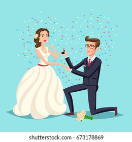 Bride And Groom As Love Wedding Couple Illustration. Cartoon Husband And Romantic Wife Ceremony, Female With Flowers. Marriage Ceremony Invitation Card, Celebration Engagement For Happy People Theme