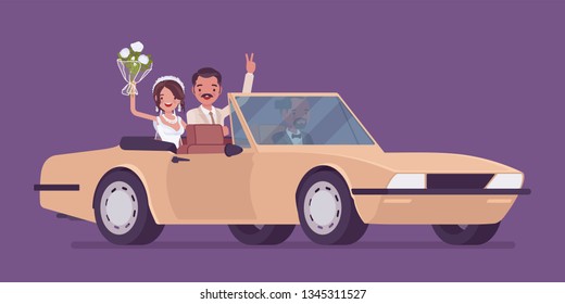 Bride and groom in luxury car on wedding ceremony. Latin American man, woman in beautiful dress on traditional celebration, married couple in love. Marriage customs and traditions. Vector illustration