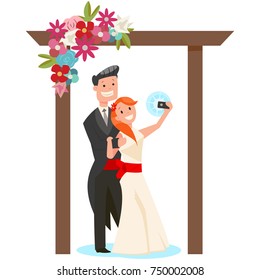 Bride and groom make selfie on the background a wedding arch of flowers. Vector cartoon illustration of a couple of newlyweds isolated on white background.