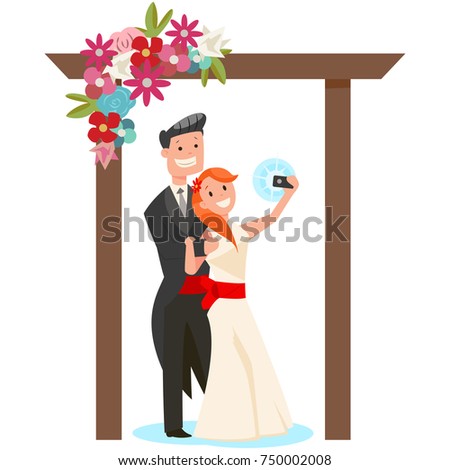Bride and groom make selfie on the background a wedding arch of flowers. Vector cartoon illustration of a couple of newlyweds isolated on white background.