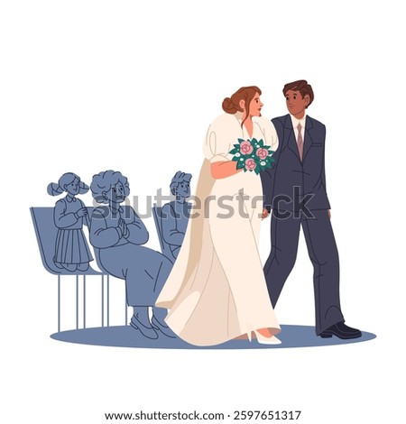 Bride and groom making altar walk at wedding ceremony. Vector romantic and sacred love commitment at church aisle. Marriage couple unity. Matrimony ceremony or engagement procession. Guests and family