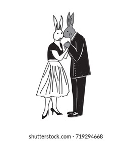 the bride and groom, a man and a woman, bunnies in human bodies. invitation card to the wedding, humor, caricature.Freehand drawing vector illustration. sketch.