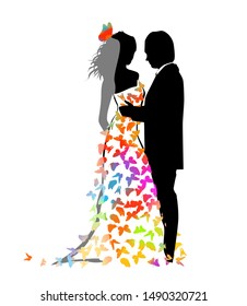 Bride and Groom multicolored Silhouette. A lot of flying butterflies. Vector illustration