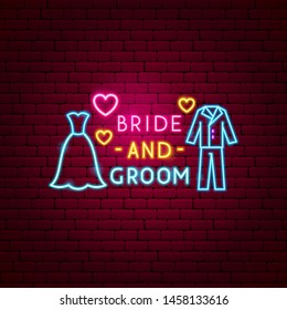 Bride and Groom Neon Label. Vector Illustration of Love Promotion.