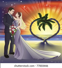 Bride and groom newly weds on a perfect tropical beach. Palm trees form a heart shape in the background with a sunset.