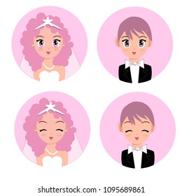 
bride and groom, newlyweds wedding vector pink  emotion set