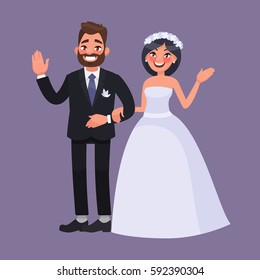 Bride and groom. Newlyweds welcome. Excellent element for wedding invitations and decorations. Vector illustration in cartoon style