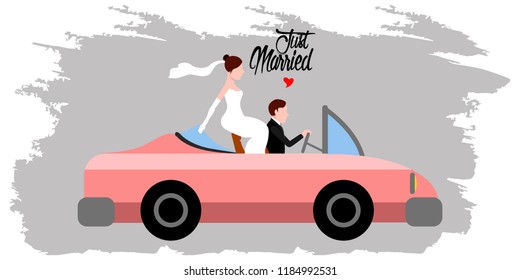 Bride and groom on a car. Just married couple. Marriage concept image. Vector illustration design