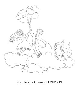 bride and groom on the clouds.
