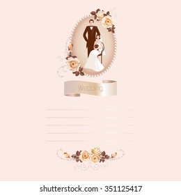 Bride and groom on a cream background. Below is satin ribbon. The frame is decorated with the flowers of roses. This can be used for wedding invitations.