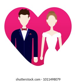 The bride and groom on heart background. Celebrating marriage invitation card. Vector illustration.