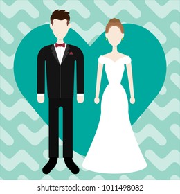 The bride and groom on heart background. Celebrating marriage invitation card. Vector illustration.