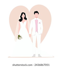  Bride and groom on a pink heart shape background. Happy couple on wedding day. Vector illustration characters on white background