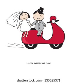 Bride and groom on the red scooter. Wedding card in vector version.