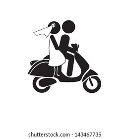 Bride and Groom on Scooter. Just Married Couple Vector Icon