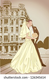 Bride and groom on street background