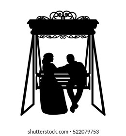 Bride and groom on a swing silhouette - vector illustration
