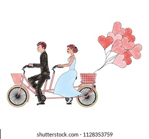 bride and groom on tandem bicycle wedding day