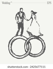 Novia y novio en bandas de boda. Ilustración vectorial dibujada a mano conceptual, boceto.