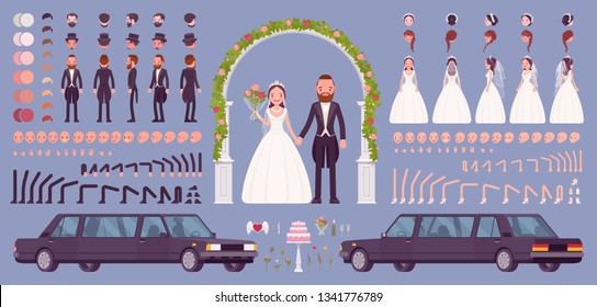 Bride and groom on a wedding ceremony creation kit, traditional celebration set with limousine, floral arch, decor constructor elements to build own design. Vector illustration