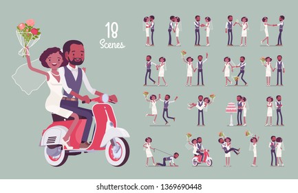 Bride and groom on wedding ceremony character set. Elegant black man, woman in white dress on traditional celebration, married couple in love. Full length, different views, gestures, emotions, poses