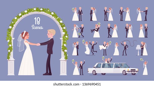 Bride and groom on wedding ceremony character set. Elegant young man, woman in white dress on traditional celebration, married couple in love. Full length, different views, gestures, emotions, poses