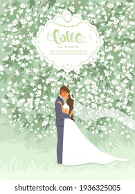 Bride and groom on wedding ceremony in blooming  garden. Wedding romantic Invitation card. Vector illustration.