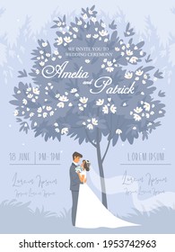 Bride and groom on wedding ceremony in blooming garden. Wedding romantic Invitation card. Vector illustration.