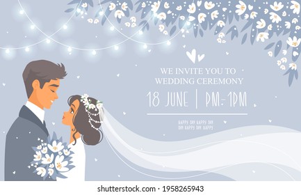 Bride and groom on wedding ceremony. Wedding romantic Invitation card. Vector illustration.