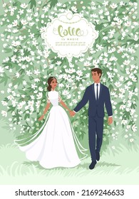 Bride and groom on wedding ceremony in blooming garden. Wedding romantic Invitation card. Vector illustration.