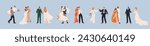 Bride and groom on wedding day, marriage ceremony. Just married love couple, newlyweds set. Happy romantic man bridegroom in suit and woman in dress. Isolated flat graphic vector illustrations