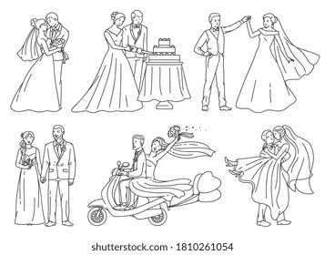 Bride and groom on wedding day - outline drawing set for coloring book isolated on white background. Happy cartoon newlywed couple vector illustration collection