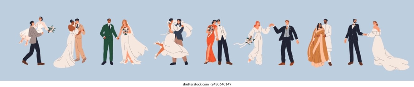 Bride and groom on wedding day, marriage ceremony. Just married love couple, newlyweds set. Happy romantic man bridegroom in suit and woman in dress. Isolated flat graphic vector illustrations