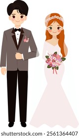 Bride and groom on wedding day. Marriage couple. Flat design style vector graphic illustration