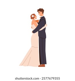 Bride and groom on wedding day. Happy newlywed love couple hugging and smiling. Just married family, romantic marriage celebration. Flat graphic vector illustration isolated on white background