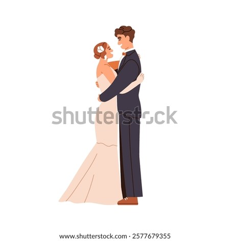 Bride and groom on wedding day. Happy newlywed love couple hugging and smiling. Just married family, romantic marriage celebration. Flat graphic vector illustration isolated on white background