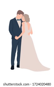 
Bride and groom on a white background. Delicate and stylish colors. Long dress. Flat style. Suitable for invitations, wedding decorations or weddings. Vector illustration.