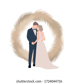 Bride and groom on a white background. Dried flower arch for a wedding ceremony. Long dress. Flat style. Suitable for invitations, wedding decorations or weddings.Vector illustration.