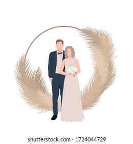 Bride and groom on a white background. Dried flower arch for a wedding ceremony. Long dress. Flat style. Suitable for invitations, wedding decorations or weddings.Vector illustration.