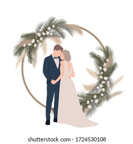 Bride and groom on a white background. Dried flower arch for a wedding ceremony. Long dress. Flat style. Suitable for invitations, wedding decorations or weddings.Vector illustration.