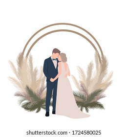 Novia y novio con un fondo blanco. Arco de flores secas para una ceremonia de boda. Vestido largo. Estilo plano. Idóneo para invitaciones, decoraciones de bodas o bodas.Ilustración vectorial.