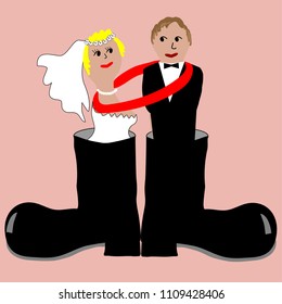 The bride and groom as one pair of boots