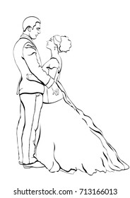 Bride and groom outline cartoon, vector contour drawing, coloring book, sketch. Couple in love hugging looking at each other, dressed in a wedding dress and a suit, isolated on white background